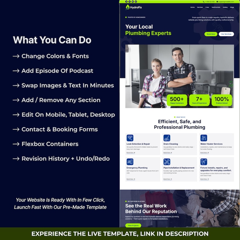 May include: A website design for plumbing services, with a dark blue and green colour scheme. The site includes sections on services, customer testimonials, and contact information. Text includes "Your Local Plumbing Experts" and "Efficient, Safe, and Professional Plumbing."