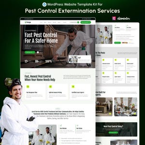 May include: A WordPress website template kit for pest control extermination services featuring a white and green color scheme. The layout includes sections for service descriptions, team photos, and contact information, all designed with the Elementor page builder.