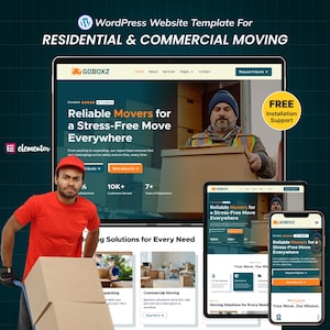 Op de afbeelding: Een website sjabloon voor residentiële en commerciële verhuisdiensten. Het ontwerp toont een tablet, laptop en smartphone met de website-interface. Een bezorger in een rood shirt en pet duwt een steekwagen met dozen.