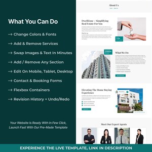 May include: A website template showcasing real estate services. The page features sections titled "What You Can Do" and "What We Do", with bullet points and images. Text includes "DwellZone" and "Experience the Live Template, Link in Description."