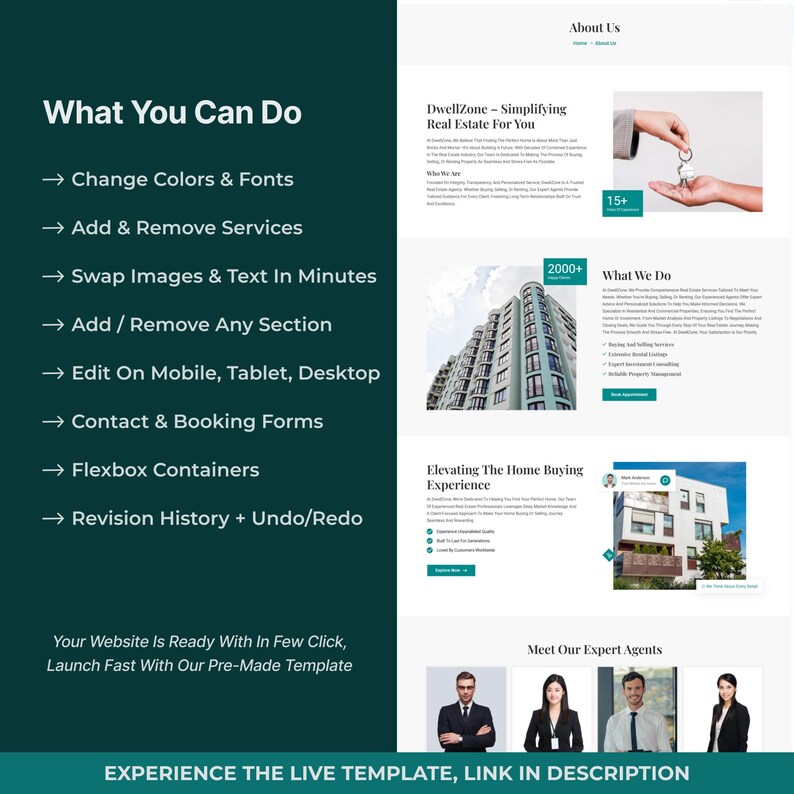 May include: A website template showcasing real estate services. The page features sections titled "What You Can Do" and "What We Do", with bullet points and images. Text includes "DwellZone" and "Experience the Live Template, Link in Description."