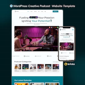 Puede incluir: Una plantilla de sitio web para un podcast, que se muestra en la pantalla de una computadora y un teléfono inteligente. El sitio web presenta el texto "WordPress Creative Podcast Website Template" y "Fueling Your Passion Igniting Your Potential!". El teléfono inteligente muestra una versión móvil.