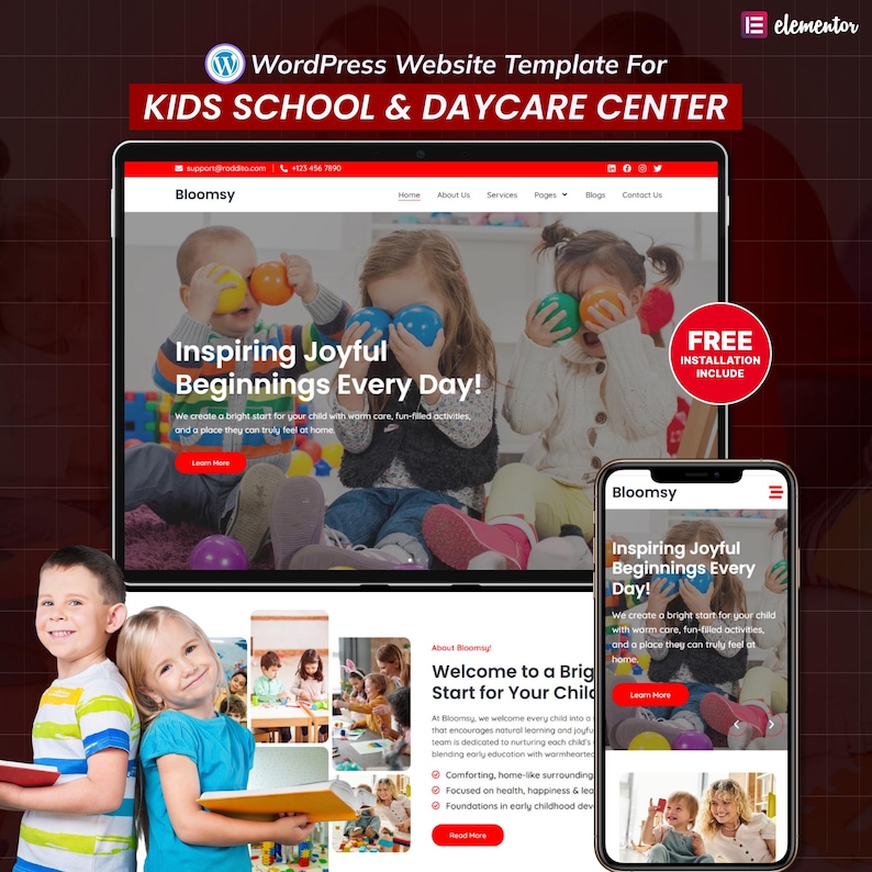 Puede incluir: Una plantilla de sitio web para una escuela y guarder&iacute;a infantil, que se muestra en una computadora port&aacute;til y un tel&eacute;fono inteligente. El sitio web presenta im&aacute;genes de ni&ntilde;os jugando con pelotas de colores y el texto "Inspiring Joyful Beginnings Every Day!"