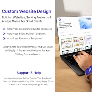 May include: A laptop displays a website design with the text "Custom Website Design." The screen shows a website with various design options. The image also includes text about website building and support.