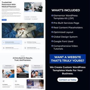 May include: A webpage promoting hair restoration with medical precision. The page includes images of medical procedures, text, and a list of included features such as a WordPress template kit and pre-built services page. The page also offers custom WordPress templates.