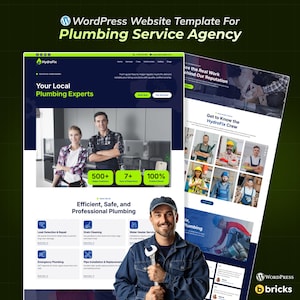 May include: A website template for a plumbing service agency, featuring a dark blue and green design. The template showcases services, team members, and customer testimonials. The text includes "Your Local Plumbing Experts". The WordPress and Bricks logos are visible.