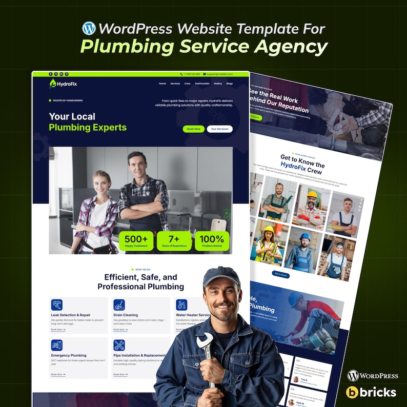 May include: A website template for a plumbing service agency, featuring a dark blue and green design. The template showcases services, team members, and customer testimonials. The text includes "Your Local Plumbing Experts". The WordPress and Bricks logos are visible.