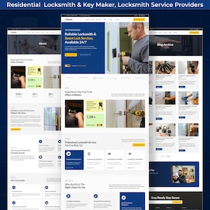 May include: Website design for a locksmith service, featuring multiple pages with text and images. The site showcases services, including residential, commercial, and automotive locksmithing. The design uses a blue and white color scheme with icons and photos of locksmiths.