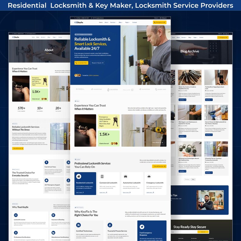 May include: Website design for a locksmith service, featuring multiple pages with text and images. The site showcases services, including residential, commercial, and automotive locksmithing. The design uses a blue and white color scheme with icons and photos of locksmiths.