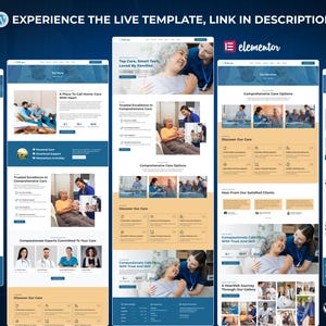 Puede incluir: Plantilla de sitio web que muestra un servicio de atenci&oacute;n m&eacute;dica. El dise&ntilde;o presenta una combinaci&oacute;n de colores azul y beige con im&aacute;genes de personas mayores y cuidadores. El texto incluye "Experience the Live Template, Link in Description" y el logotipo de "Elementor".
