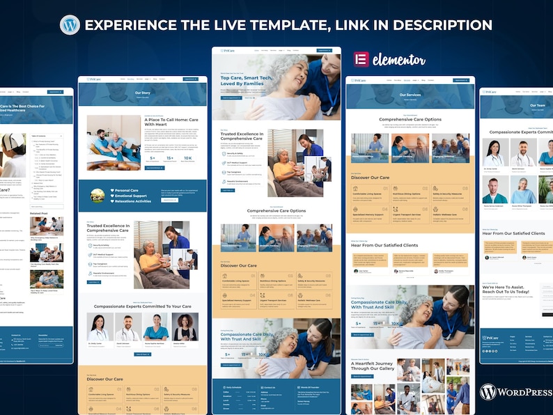 Puede incluir: Plantilla de sitio web que muestra un servicio de atenci&oacute;n m&eacute;dica. El dise&ntilde;o presenta una combinaci&oacute;n de colores azul y beige con im&aacute;genes de personas mayores y cuidadores. El texto incluye "Experience the Live Template, Link in Description" y el logotipo de "Elementor".