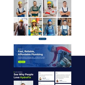 May include: Website for HydroFix, a plumbing service. The page features the text "Your Local Plumbing Experts" and includes images of plumbers, service offerings, and customer testimonials. The site highlights plumbing services.