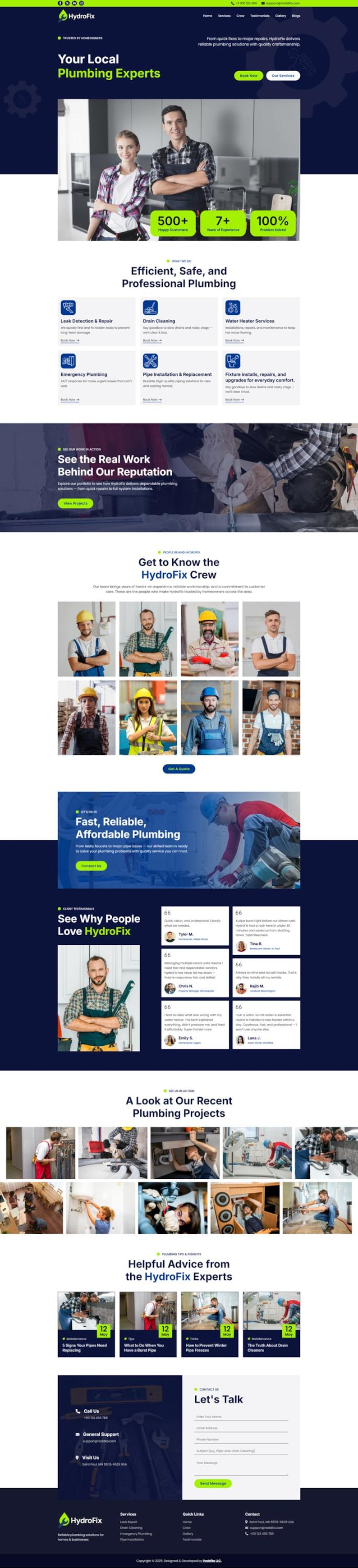 May include: Website for HydroFix, a plumbing service. The page features the text "Your Local Plumbing Experts" and includes images of plumbers, service offerings, and customer testimonials. The site highlights plumbing services.