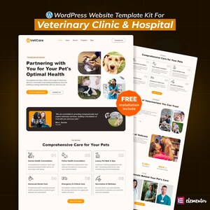 Könnte beinhalten: Ein WordPress-Website-Template-Kit für eine Tierklinik und ein Krankenhaus. Das Design zeichnet sich durch ein klares Layout mit Bildern von Haustieren und tierärztlicher Versorgung aus. Der Text enthält "Partnering with You for Your Pet's Optimal Health" und "Comprehensive Care for Your Pets."