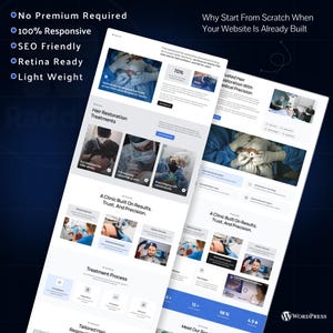 May include: A website design showcasing hair restoration treatments. The design includes images of medical procedures, text such as "Hair Restoration Treatments", and statistics. The design also includes the text "No Premium Required", "100% Responsive", "SEO Friendly", "Retina Ready", and "Light Weight".
