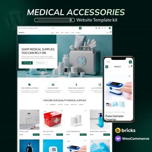 Könnte beinhalten: Ein Website-Template-Kit für medizinisches Zubehör. Die Website zeigt medizinische Produkte, darunter sterile Kochsalzlösung, Erste-Hilfe-Kästen und elastische Bandagen. Ein Smartphone zeigt ein Pulsoximeter. Der Text lautet "Shop medical supplies you can rely on."