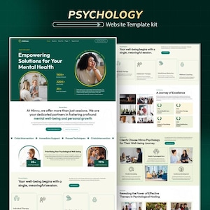 May include: A website template kit for psychology services. The design features a green and white color scheme with the text "PSYCHOLOGY Website Template kit." The template includes sections on mental health solutions, therapy, and client well-being.