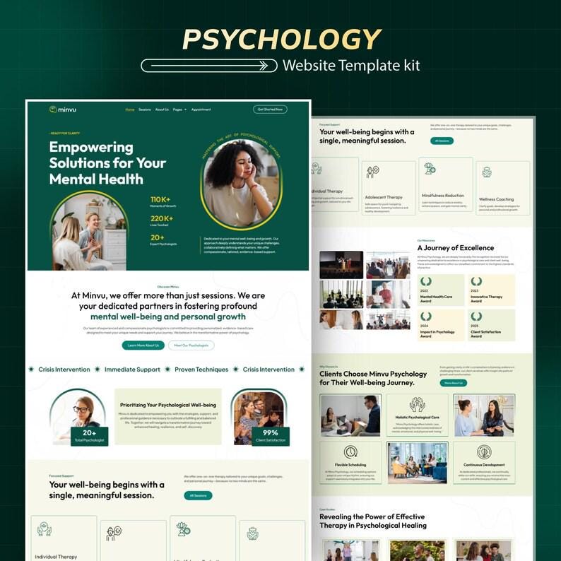 May include: A website template kit for psychology services. The design features a green and white color scheme with the text "PSYCHOLOGY Website Template kit." The template includes sections on mental health solutions, therapy, and client well-being.