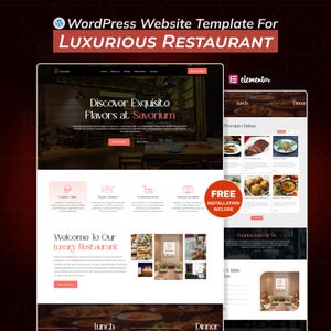 May include: A website template for a luxurious restaurant, showcasing a modern design. The template includes sections for menus, reservations, and customer testimonials. The design features a dark color scheme with red accents and the text "FREE INSTALLATION INCLUDE".