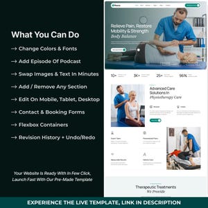 Puede incluir: Maqueta de sitio web para servicios de fisioterapia. El dise&ntilde;o presenta un esquema de color turquesa y blanco, con secciones que resaltan el alivio del dolor, la movilidad y la fuerza. El texto incluye "Soluciones de atenci&oacute;n avanzada" y "Tratamientos terap&eacute;uticos".