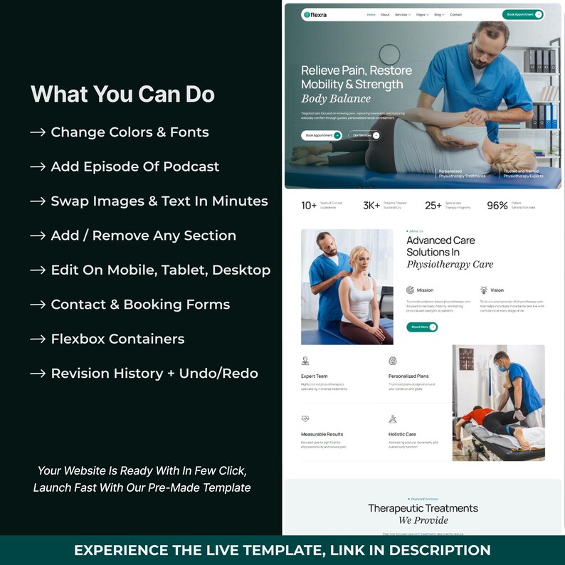 Puede incluir: Maqueta de sitio web para servicios de fisioterapia. El dise&ntilde;o presenta un esquema de color turquesa y blanco, con secciones que resaltan el alivio del dolor, la movilidad y la fuerza. El texto incluye "Soluciones de atenci&oacute;n avanzada" y "Tratamientos terap&eacute;uticos".