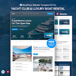Peut inclure: Un kit de modèle de site Web pour la location de yachts et de bateaux de luxe. Le design présente un yacht sur la mer, avec le texte "Experience Luxury On The Open Sea". Des sections supplémentaires incluent "Private Yacht Charters" et "Free Installation Support".