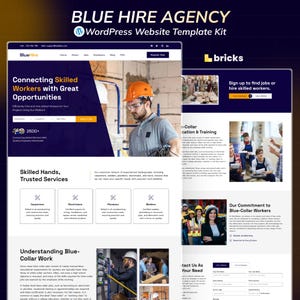May include: A WordPress website template kit named "BLUE HIRE AGENCY". The design uses a blue and white colour scheme, highlighting opportunities for skilled workers. The template includes sections for job searching and information about blue-collar workers.
