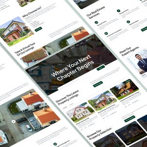 K&ouml;nnte beinhalten: Ein Website-Layout mit Immobilien-Thema, das mehrere Seiten mit Bildern von H&auml;usern und Immobilienangeboten zeigt. Das Design enth&auml;lt gr&uuml;ne Akzente und Text wie "Where Your Next Chapter Begins."