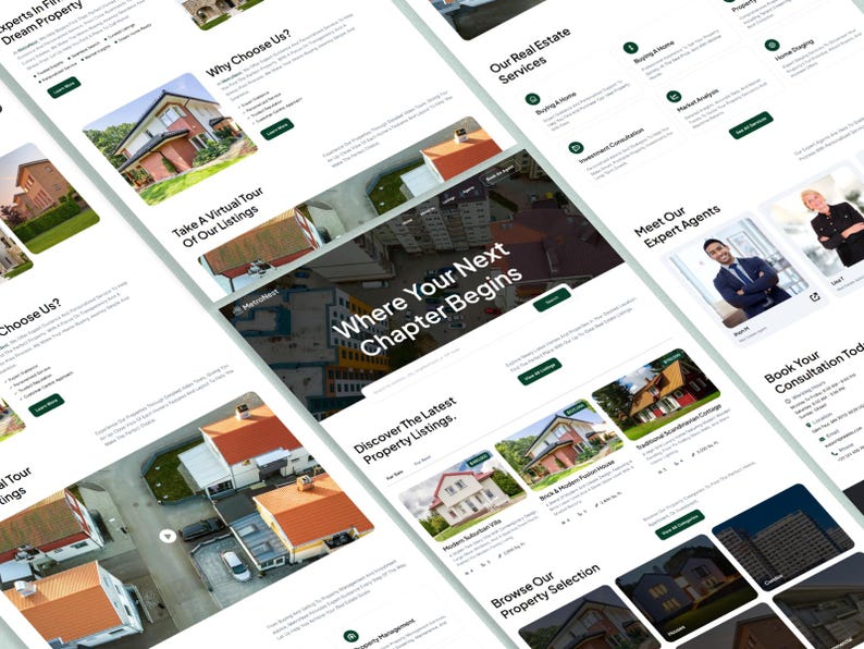 K&ouml;nnte beinhalten: Ein Website-Layout mit Immobilien-Thema, das mehrere Seiten mit Bildern von H&auml;usern und Immobilienangeboten zeigt. Das Design enth&auml;lt gr&uuml;ne Akzente und Text wie "Where Your Next Chapter Begins."