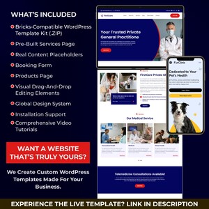 May include: A digital mockup showcasing a website template on a tablet and smartphone. The tablet displays a medical website with a doctor, while the phone shows a pet health service. Text includes features like drag-and-drop editing and video tutorials.