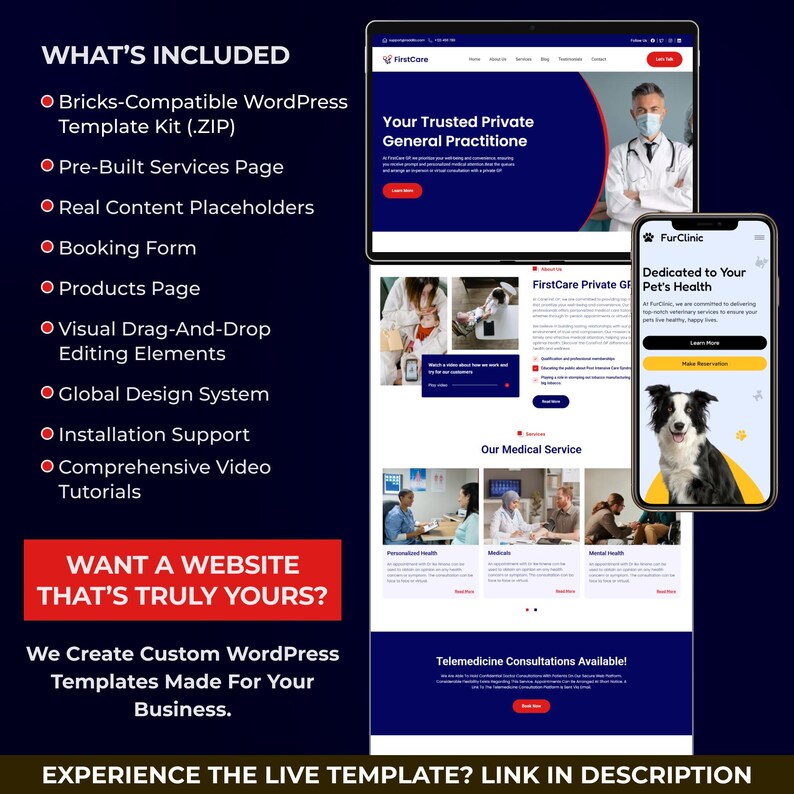 May include: A digital mockup showcasing a website template on a tablet and smartphone. The tablet displays a medical website with a doctor, while the phone shows a pet health service. Text includes features like drag-and-drop editing and video tutorials.