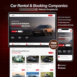 Puede incluir: Kit de plantillas de sitios web para empresas de alquiler de coches y reservas. El diseño incluye una maqueta de sitio web y teléfono móvil que muestra los servicios de alquiler de coches. El texto incluye "Quick and Reliable Car Rental Services".