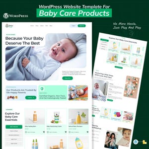 May include: A WordPress website template for baby care products. The website features a smiling baby, product images, and the text "Explore Our Baby Care Essentials." The design includes a green and white color scheme.