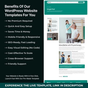Puede incluir: Anuncio de plantillas de sitios web de WordPress, con una maqueta de sitio web y una secci&oacute;n sobre fisioterapia. El texto destaca beneficios como la f&aacute;cil configuraci&oacute;n y la compatibilidad m&oacute;vil. El texto dice "Benefits Of Our WordPress Website Templates For You."