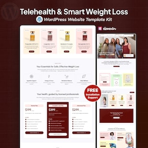 以下が含まれることがあります： Telehealth & Smart Weight Lossのウェブサイトテンプレートキット。製品情報、料金プラン、チーム写真のセクションを備えたクリーンなレイアウトのデザインです。「Your Essentials for Safe, Effective Weight Loss」と「FREE Installation Support」のテキストが含まれています。