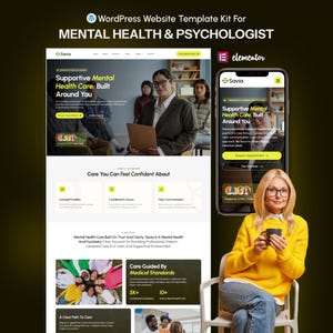 May include: A website template kit for mental health and psychology services. The design features a website layout and a mobile phone mockup. The website includes the text "Supportive Mental Health Care, Built Around You."