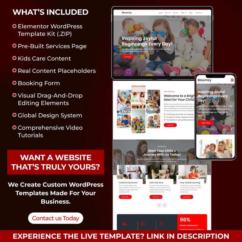 Puede incluir: Una plantilla de sitio web para un negocio de cuidado infantil se muestra en una tableta y un tel&eacute;fono inteligente, con el texto "Inspiring Joyful Beginnings Every Day!". La imagen incluye una lista de caracter&iacute;sticas y el llamado a la acci&oacute;n "Contact us Today".