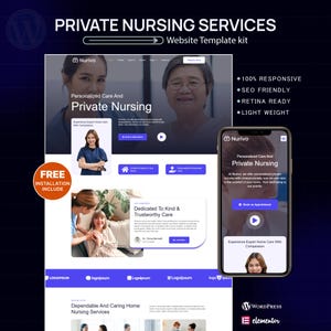 Peut inclure: Un modèle de site web pour les services de soins infirmiers privés. La conception présente une mise en page épurée avec des images de professionnels de la santé et de patients. Le modèle comprend une maquette de téléphone portable présentant la conception réactive du site web. Le texte comprend "Private Nursing".