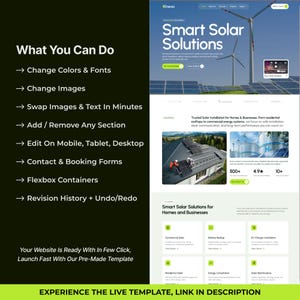 May include: A website mockup promoting "Smart Solar Solutions." The design features a header with a logo and the text "Smart Solar Solutions." The page includes sections on what can be done, such as changing colors, images, and text. The website is ready to launch quickly.