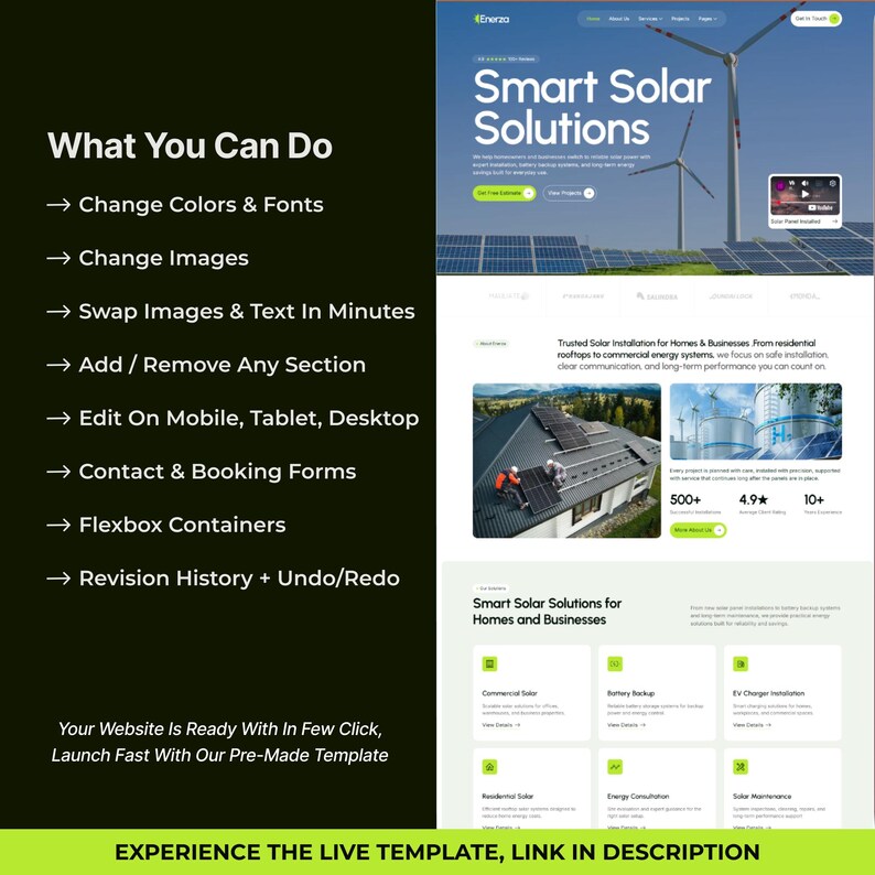 May include: A website mockup promoting "Smart Solar Solutions." The design features a header with a logo and the text "Smart Solar Solutions." The page includes sections on what can be done, such as changing colors, images, and text. The website is ready to launch quickly.