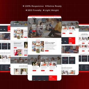 Puede incluir: Una maqueta digital de un dise&ntilde;o de sitio web, que se muestra en m&uacute;ltiples pantallas de dispositivos m&oacute;viles. Las pantallas muestran el contenido del sitio web con un esquema de color rojo y blanco, con el texto "Where Little Minds Grow Through Play!" y "100% Responsive".
