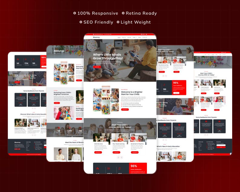 Puede incluir: Una maqueta digital de un dise&ntilde;o de sitio web, que se muestra en m&uacute;ltiples pantallas de dispositivos m&oacute;viles. Las pantallas muestran el contenido del sitio web con un esquema de color rojo y blanco, con el texto "Where Little Minds Grow Through Play!" y "100% Responsive".