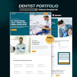 Peut inclure: Un kit de modèle de site web pour le portfolio d'un dentiste. Le design présente une palette de couleurs turquoise et blanche avec des images de procédures dentaires et d'un dentiste. Le texte comprend "Dr. John's Dental Care".