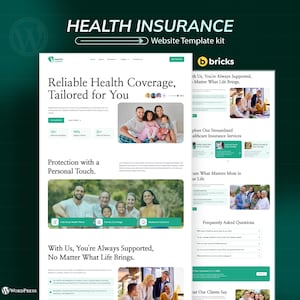 Peut inclure: Kit de modèle de site Web d'assurance maladie, avec un design vert et blanc. Le texte comprend "Health Insurance" et "Reliable Health Coverage, Tailored for You." Des images montrent des familles et des services de santé.