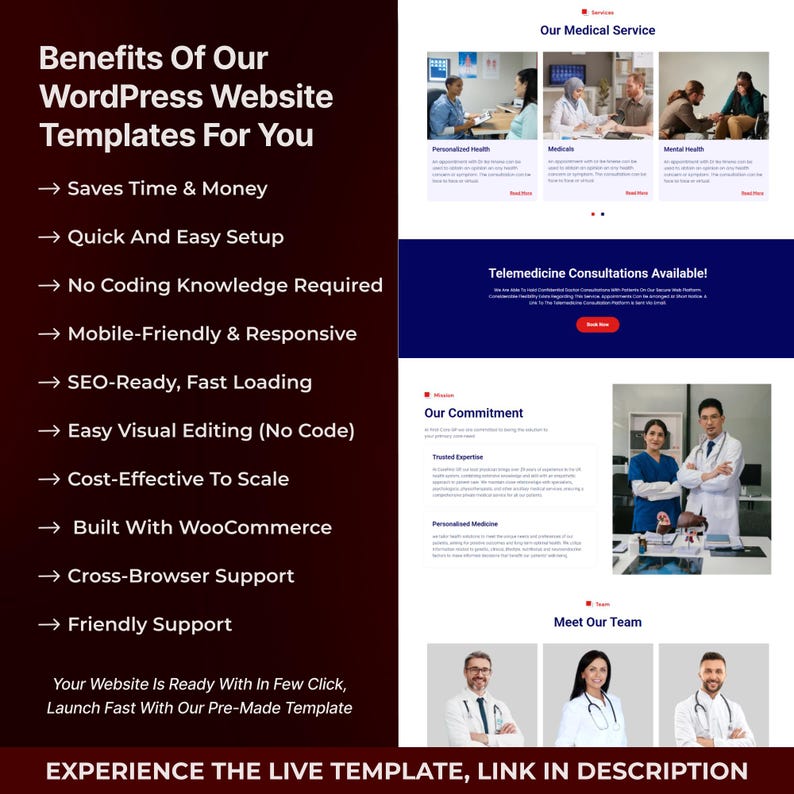 May include: A website template advertisement with the text "Benefits Of Our WordPress Website Templates For You". The image includes screenshots of a medical service website, and lists features such as "Saves Time & Money" and "SEO-Ready, Fast Loading".