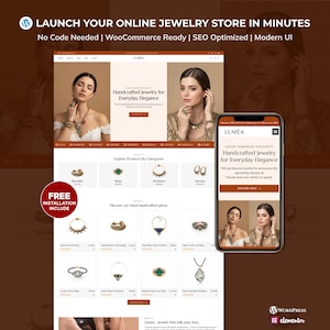 Könnte beinhalten: Ein Website-Design für einen Online-Schmuckladen, mit Desktop- und Mobilansicht. Die Website präsentiert handgefertigten Schmuck mit dem Text "LAUNCH YOUR ONLINE JEWELRY STORE IN MINUTES". Die mobile Ansicht zeigt den Text "Handcrafted Jewelry for Everyday Elegance".