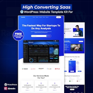 Pode incluir: Um kit de modelos de sites WordPress, com um design azul e branco. A imagem inclui o texto "High Converting SaaS" e "The Fastest Way For Startups To Do Any Analysis." Ele também mostra exemplos de layouts de sites e opções de preços.