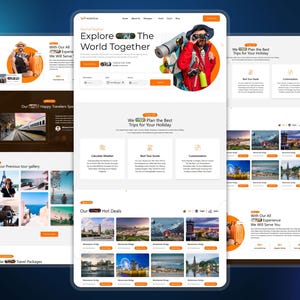 May include: A digital mockup of a travel website displayed on multiple mobile devices. The website features a clean design with orange accents, showcasing travel packages, destination photos, and the text "Explore The World Together."