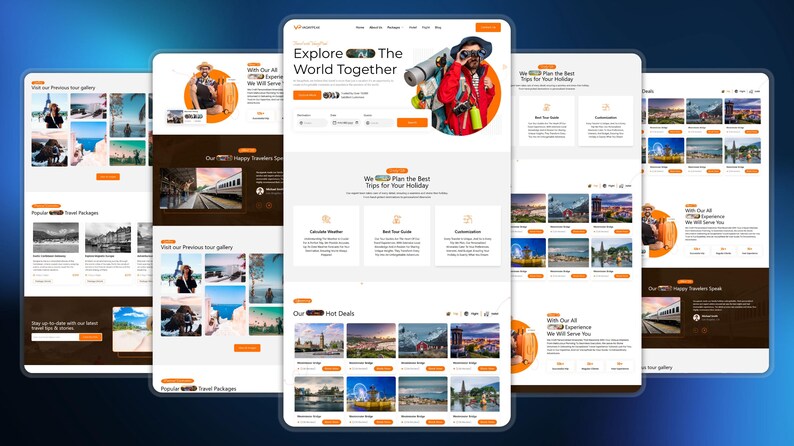 May include: A digital mockup of a travel website displayed on multiple mobile devices. The website features a clean design with orange accents, showcasing travel packages, destination photos, and the text "Explore The World Together."