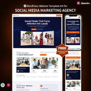 Op de afbeelding: Website templates kit voor een social media marketing agency. Het ontwerp toont een website-indeling en een mobiele telefoonscherm met de inhoud van de website. De tekst bevat "Social Media That Turns Attention Into Leads."